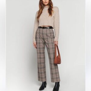 Reformation Franklin  high rise straight leg plaid pants beige red tartan